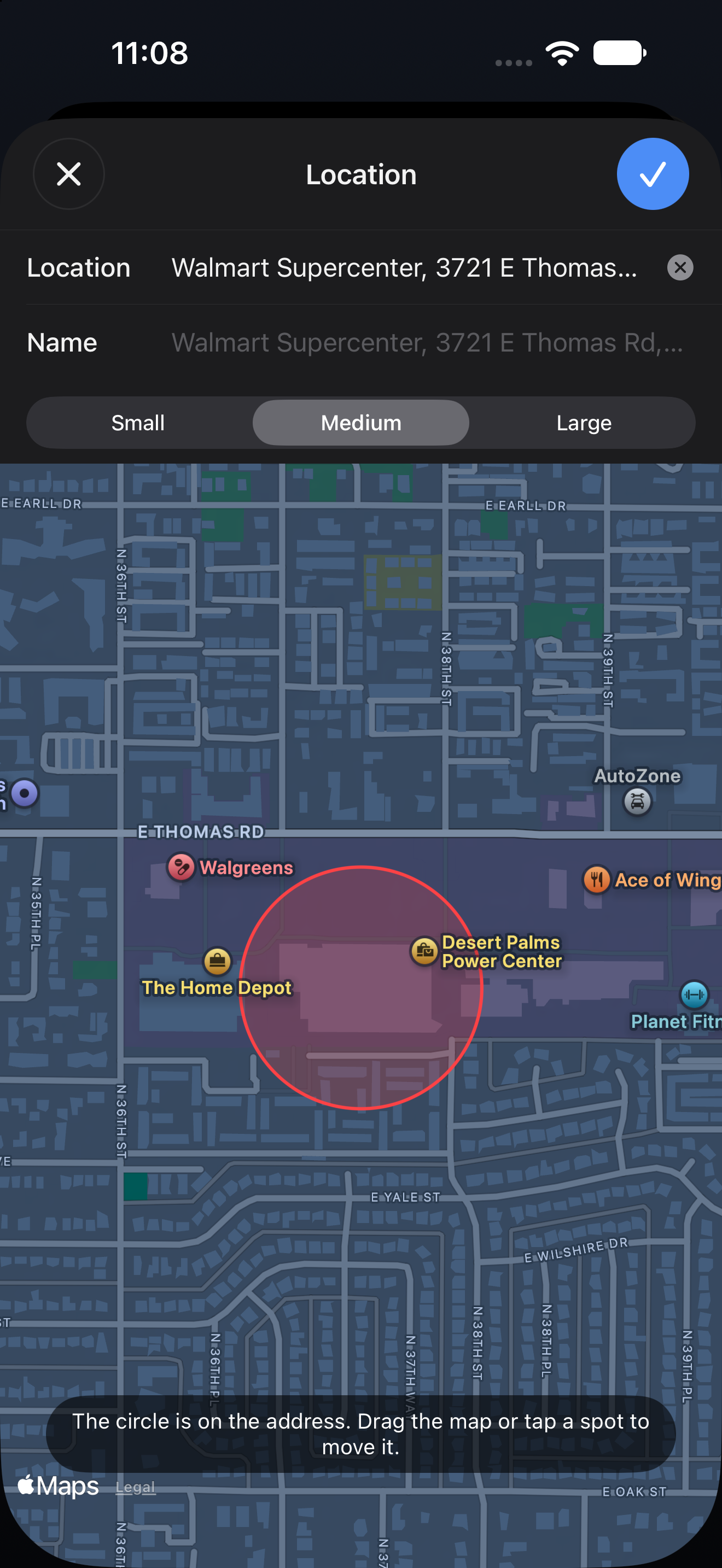 Choosing a location reminder on a map